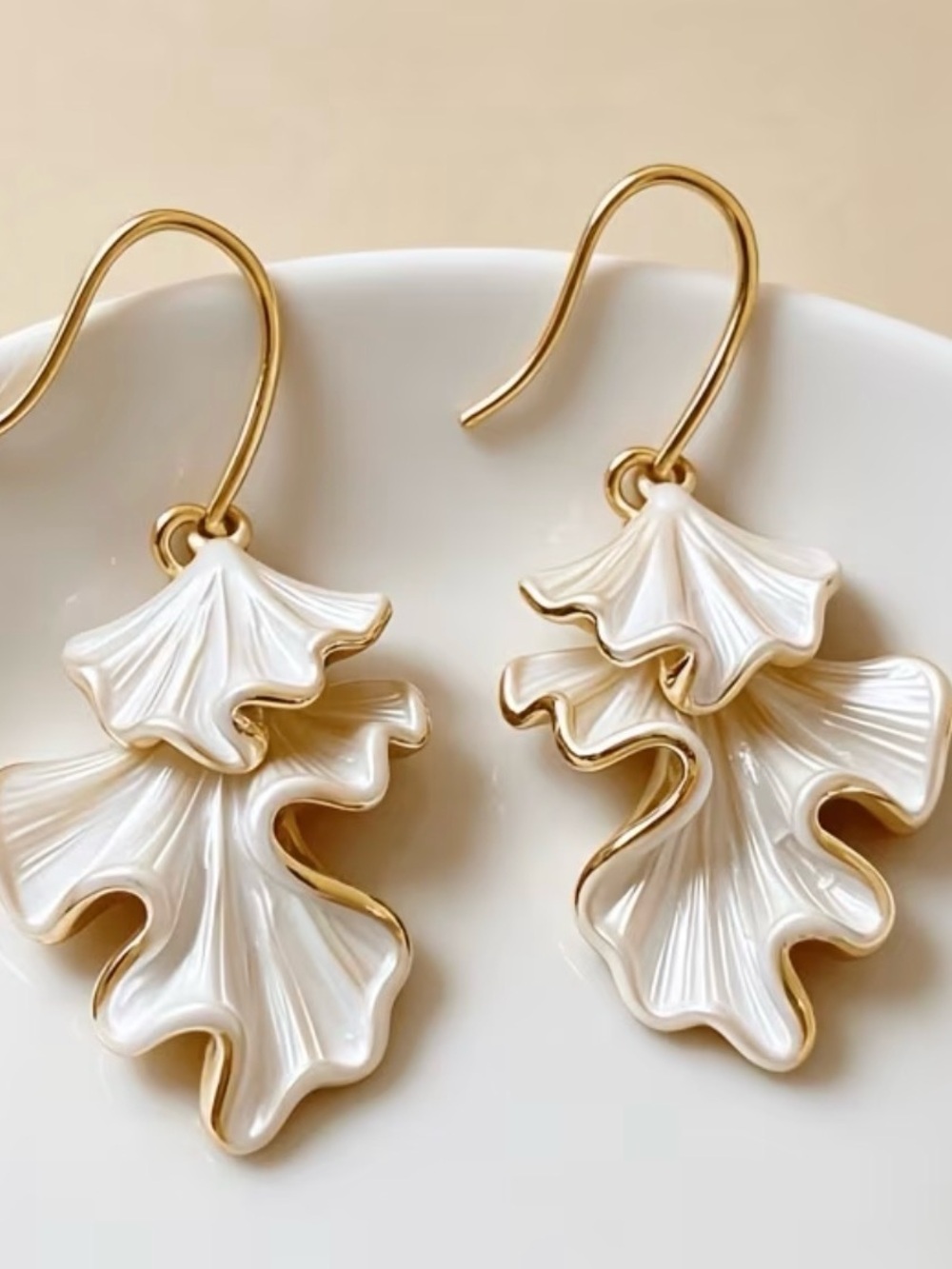 Gold-Trim White Floral Drop Earrings